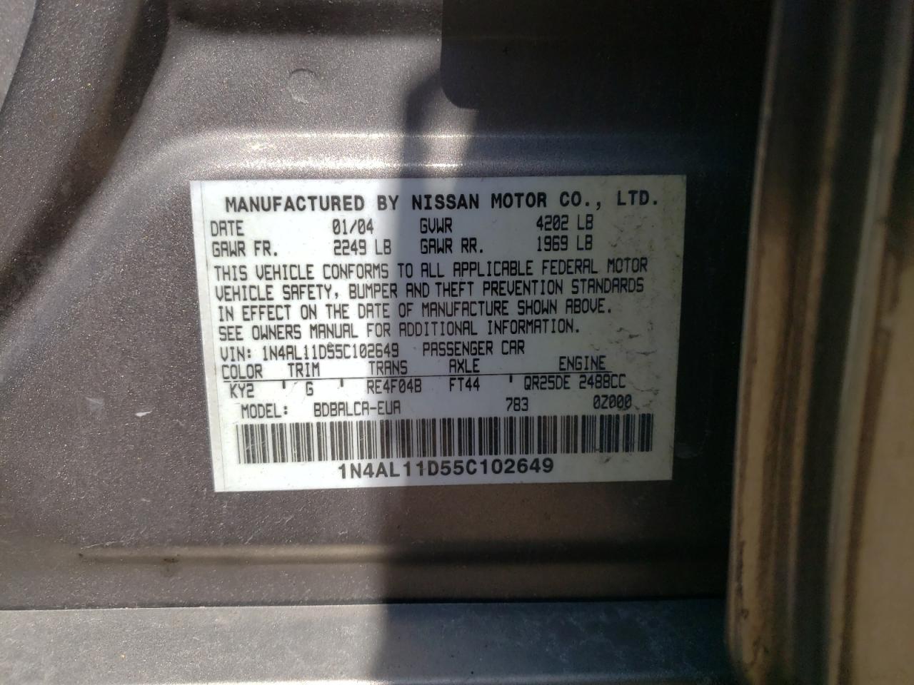 Photo 10 from auction – 2005 NISSAN ALTIMA S with VIN 1N4AL11D55C102649