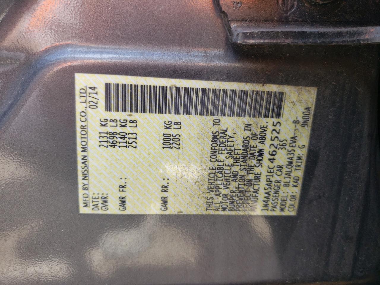 Photo 10 from auction – 2014 NISSAN MAXIMA S with VIN 1N4AA5AP1EC462525