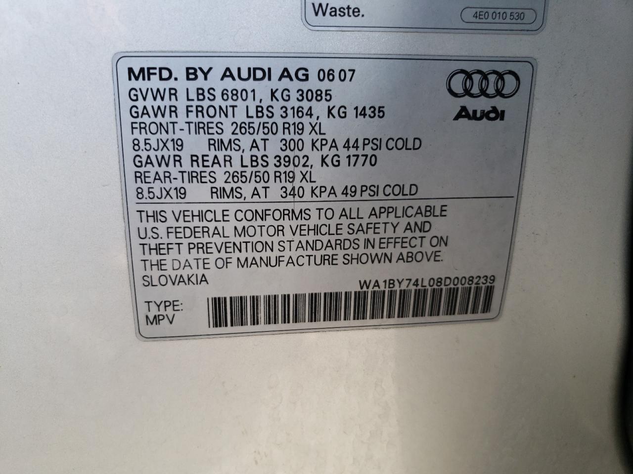 Photo 10 from auction – 2008 AUDI Q7 3.6 QUA with VIN WA1BY74L08D008239