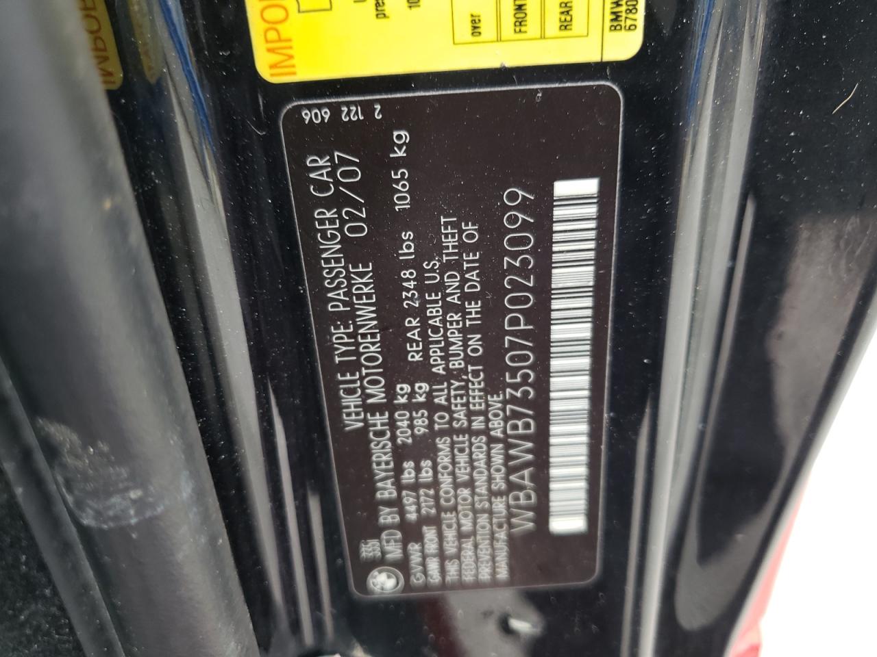 Photo 10 from auction – 2007 BMW 335 I with VIN WBAWB73507P023099