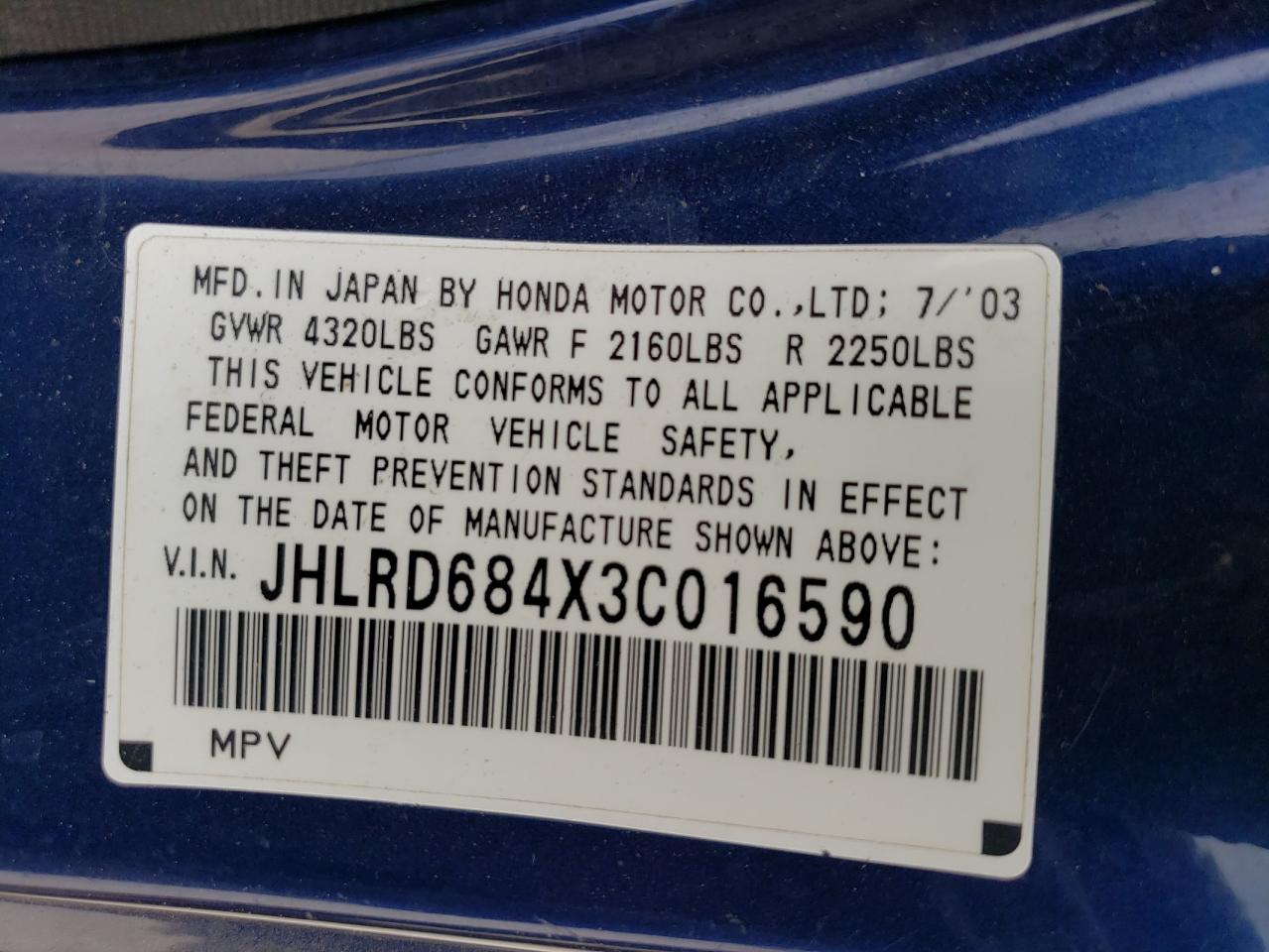 Photo 10 from auction – 2003 HONDA CR-V LX with VIN JHLRD684X3C016590