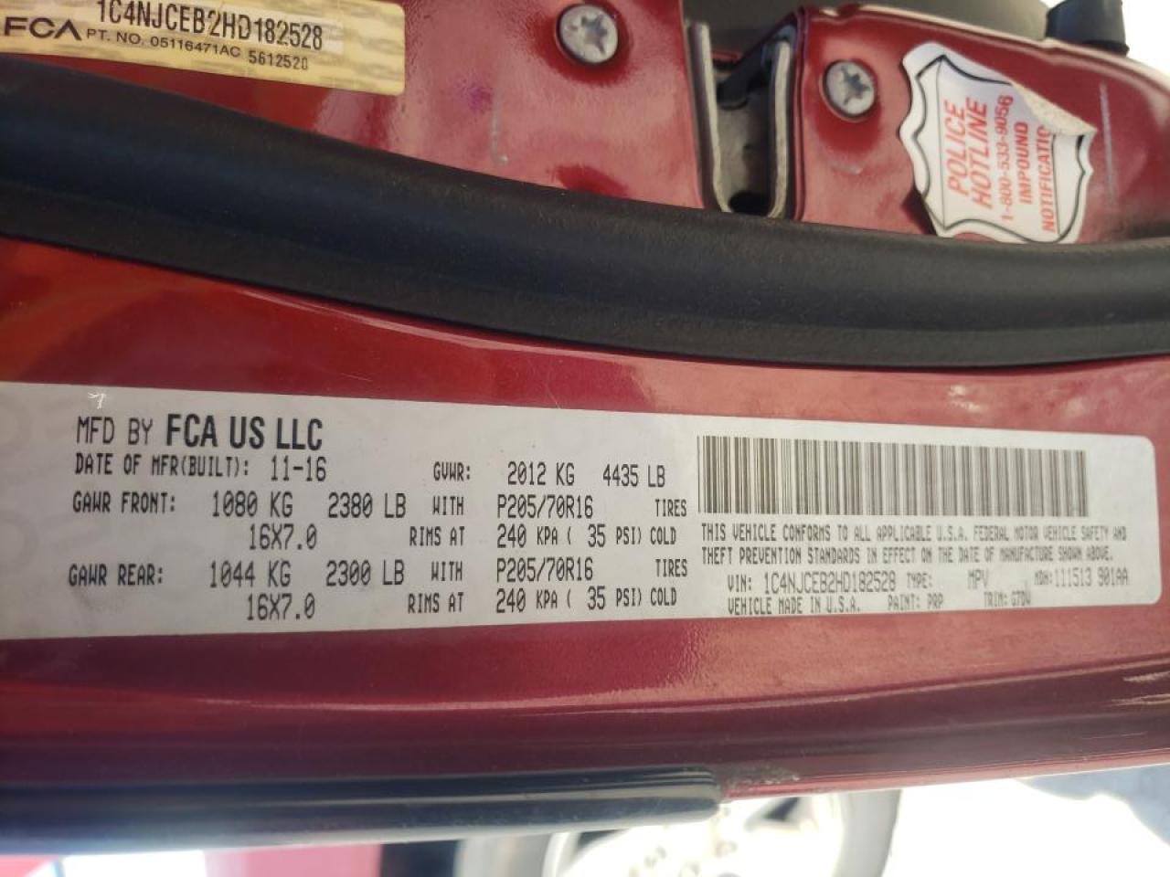 Photo 10 from auction – 2017 JEEP COMPASS LA with VIN 1C4NJCEB2HD182528