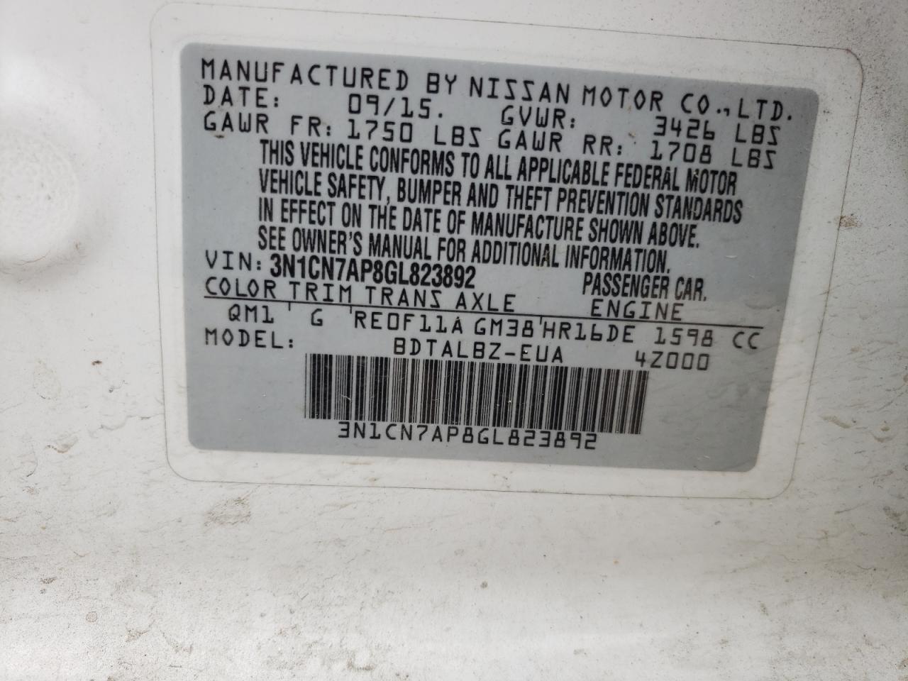 Photo 10 from auction – 2016 NISSAN VERSA S with VIN 3N1CN7AP8GL823892