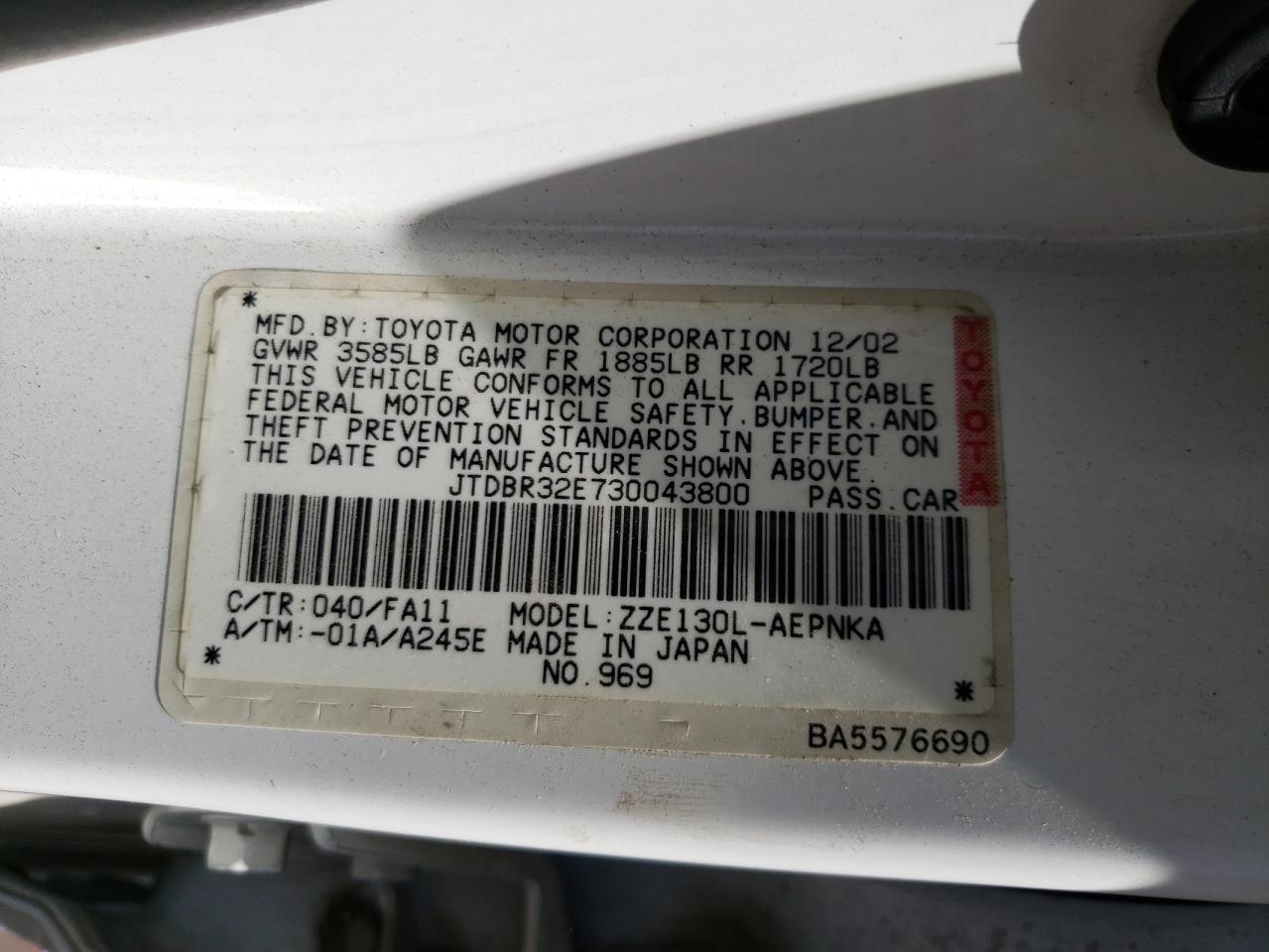 Photo 10 from auction – 2003 TOYOTA COROLLA CE with VIN JTDBR32E730043800