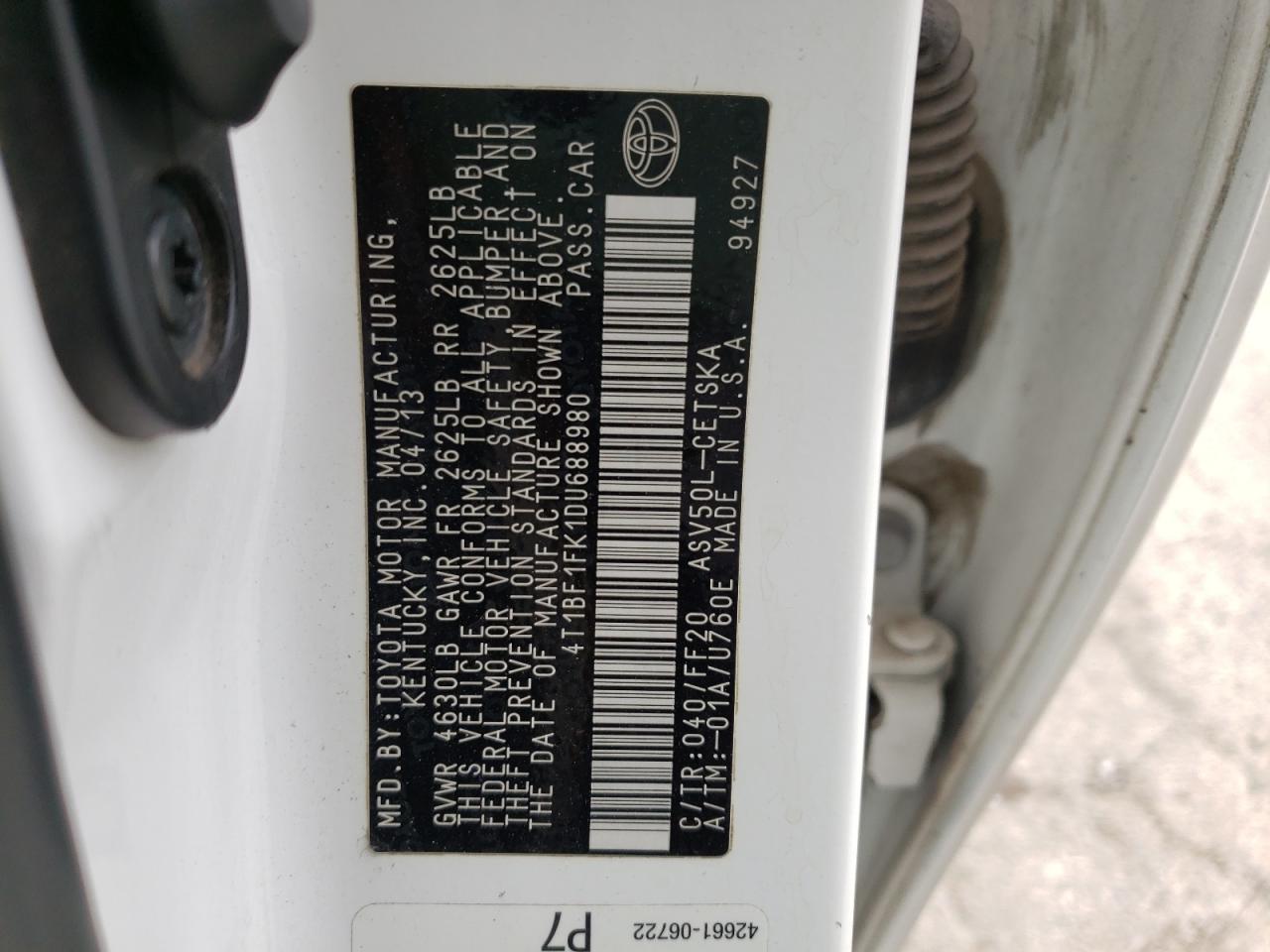 Photo 10 from auction – 2013 TOYOTA CAMRY L with VIN 4T1BF1FK1DU688980