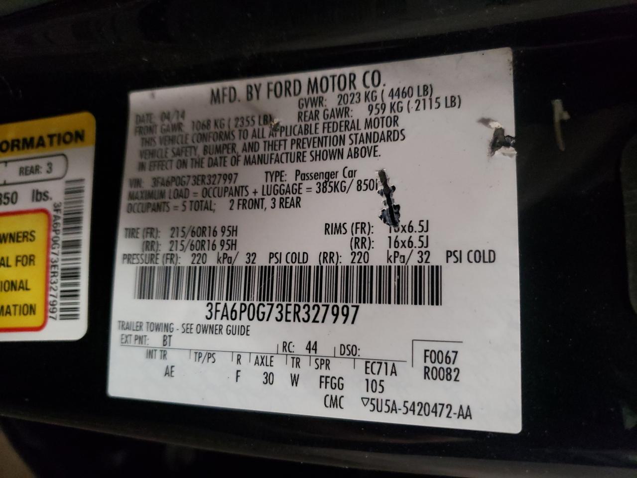 Photo 10 from auction – 2014 FORD FUSION S with VIN 3FA6P0G73ER327997