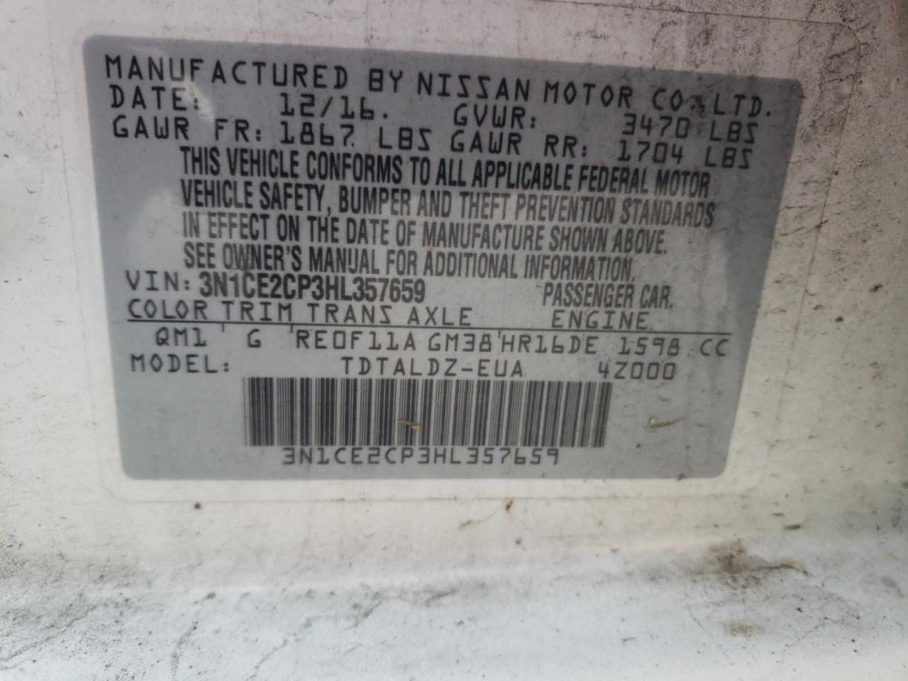 Photo 10 from auction – 2017 NISSAN VERSA NOTE with VIN 3N1CE2CP3HL357659