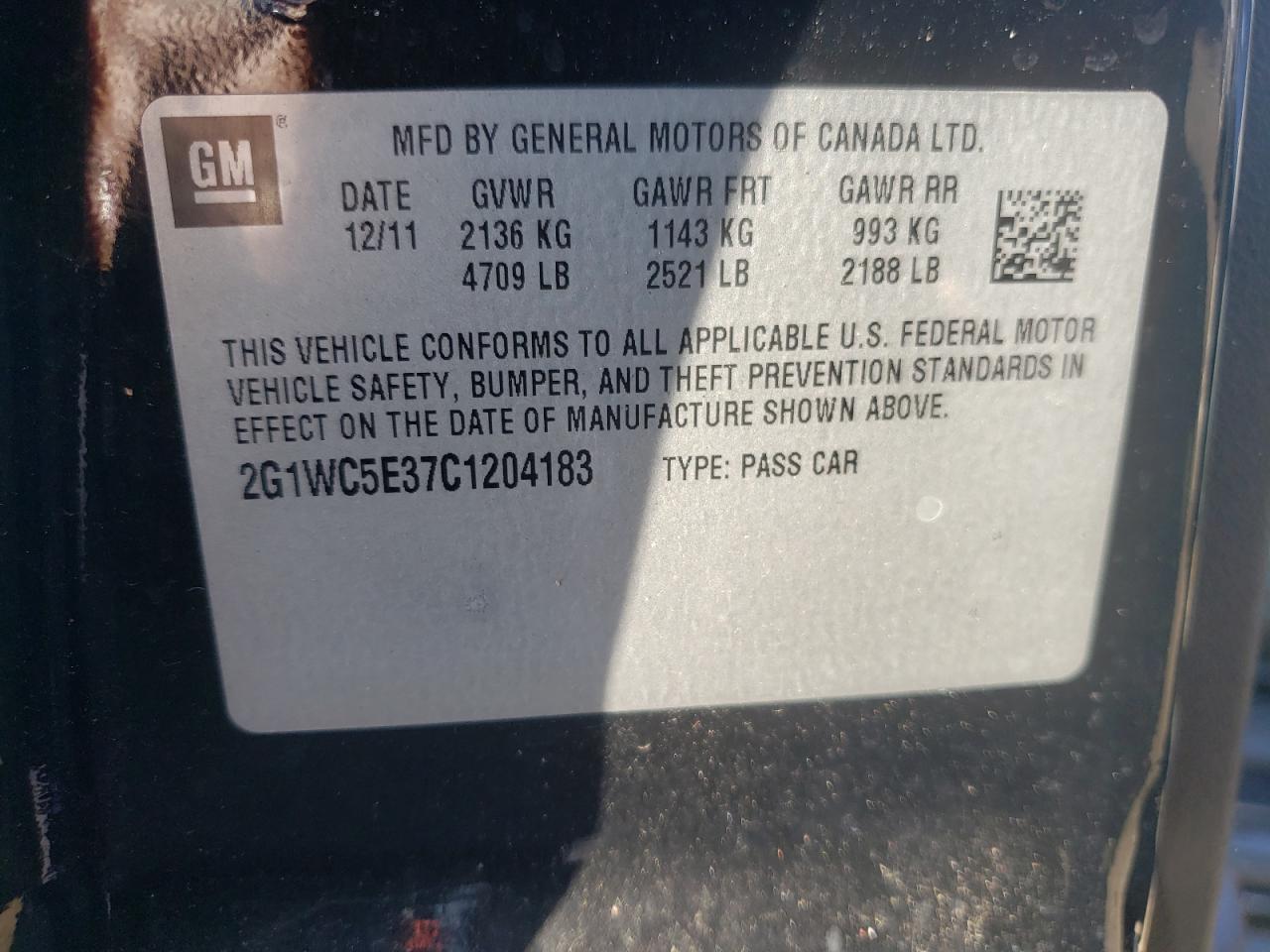 Photo 10 from auction – 2012 CHEVROLET IMPALA LTZ with VIN 2G1WC5E37C1204183