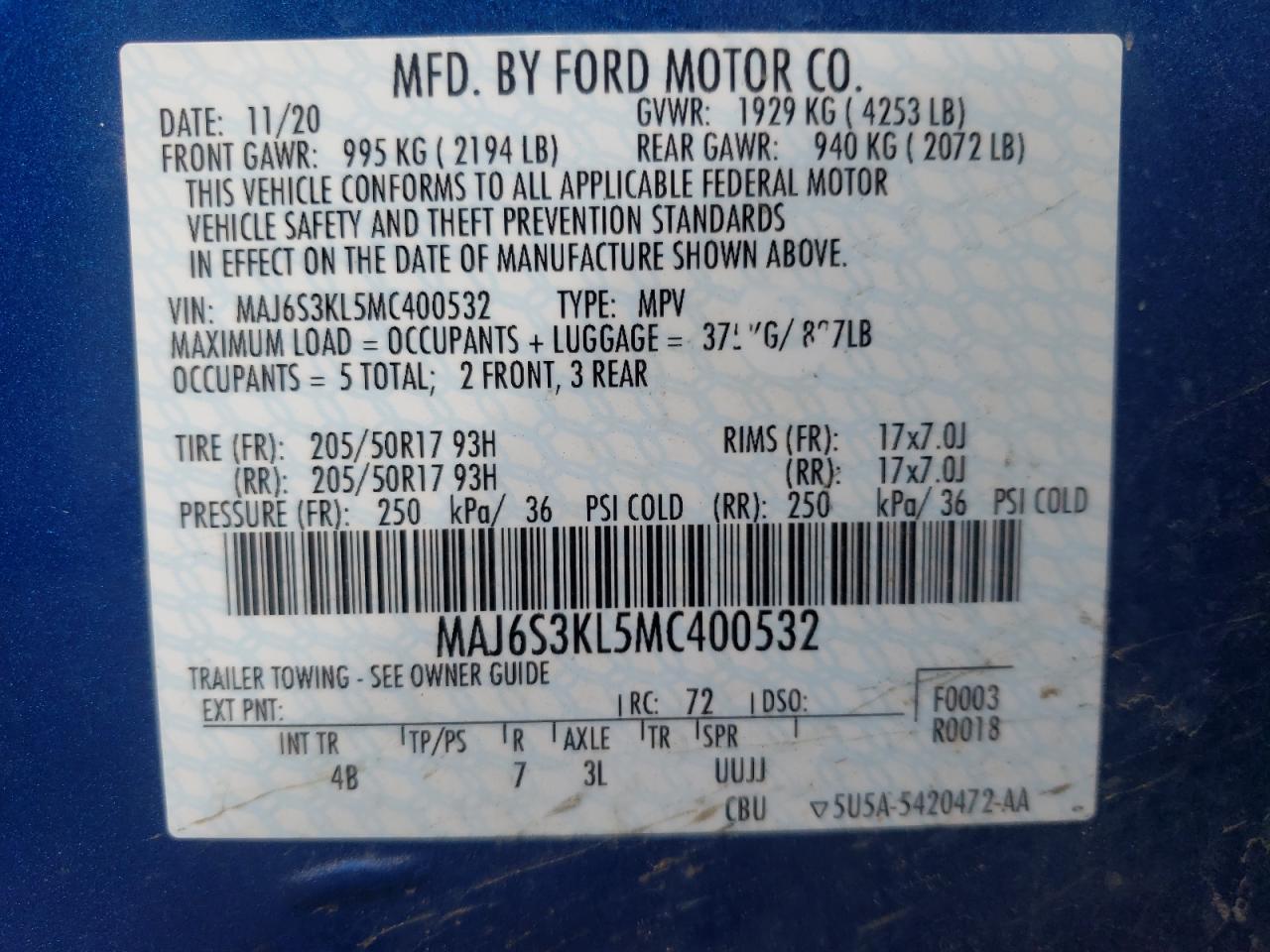 Photo 10 from auction – 2021 FORD ECOSPORT T with VIN MAJ6S3KL5MC400532