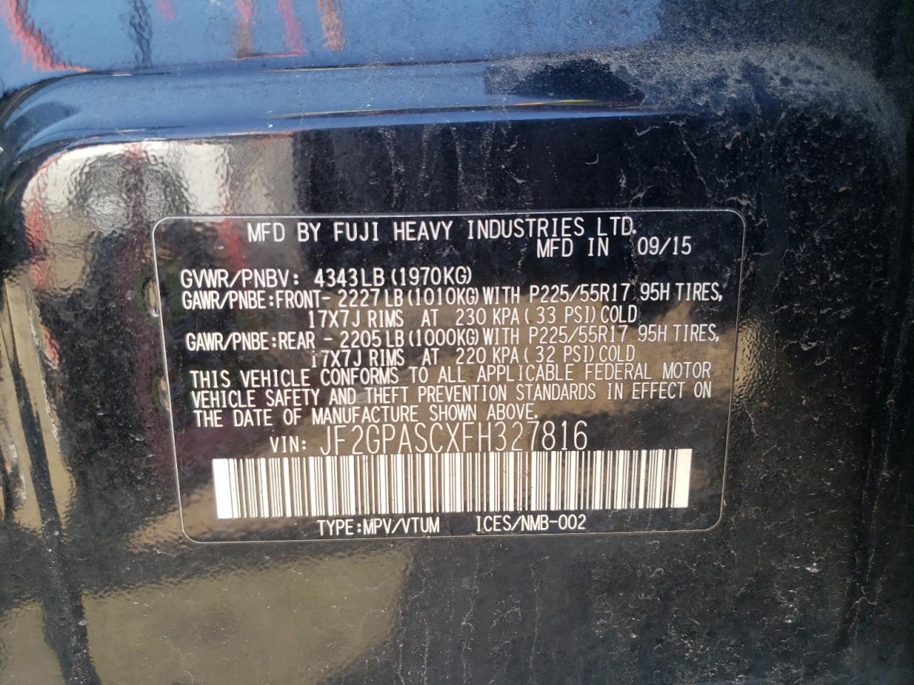 Photo 10 from auction – 2015 SUBARU XV CROSSTR with VIN JF2GPASCXFH327816