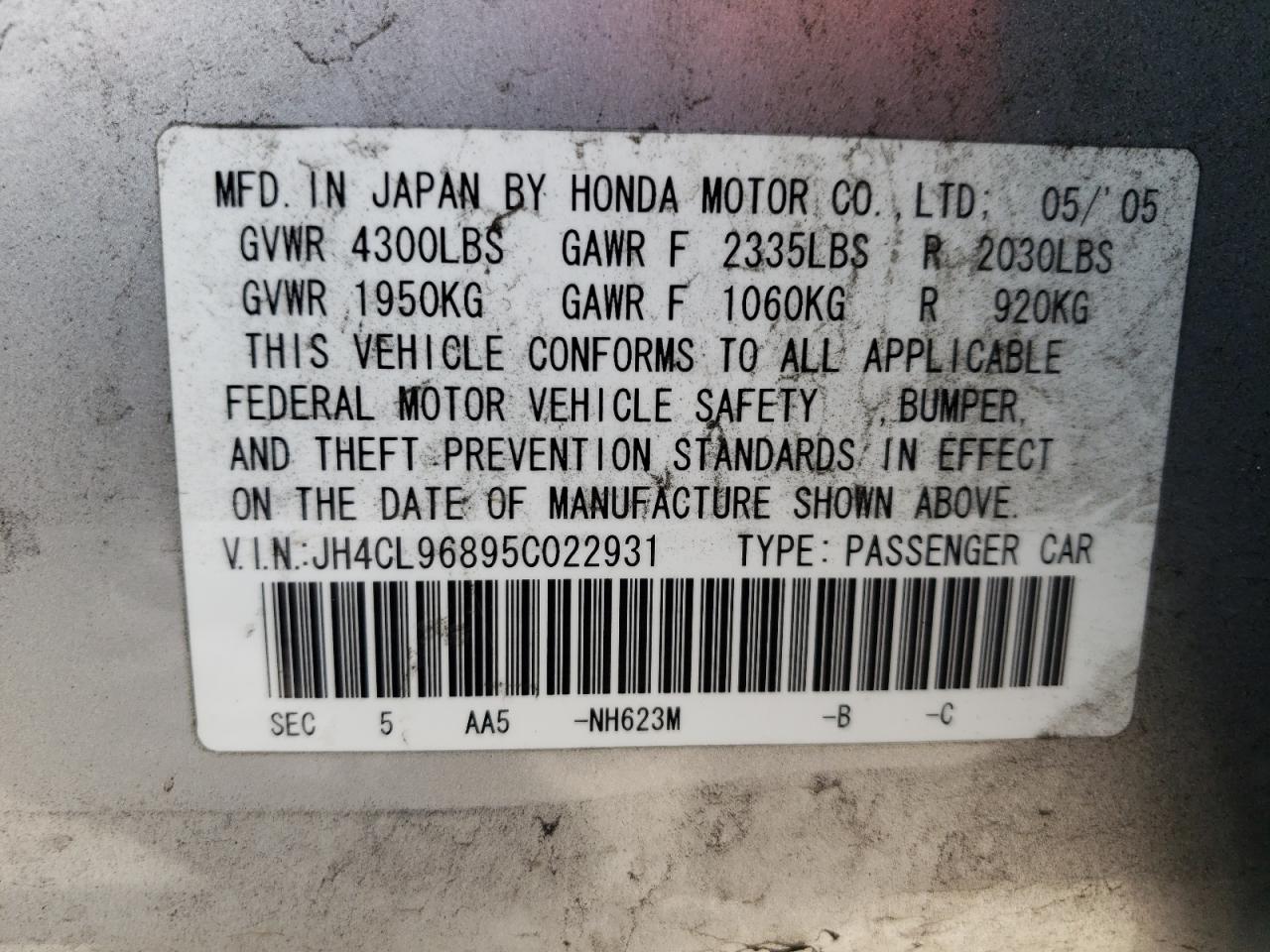 Photo 10 from auction – 2005 ACURA TSX with VIN JH4CL96895C022931