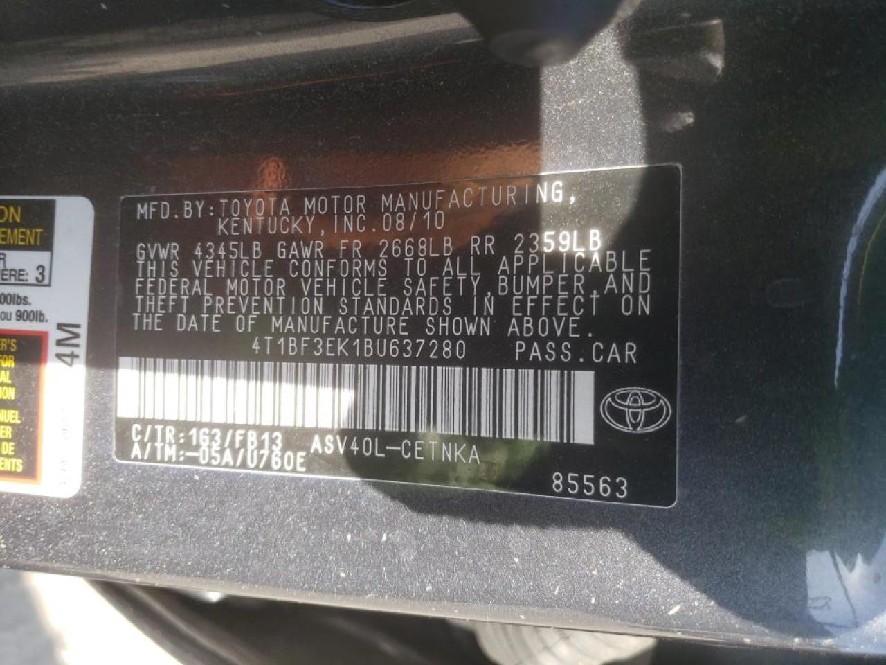 Photo 10 from auction – 2011 TOYOTA CAMRY BASE with VIN 4T1BF3EK1BU637280