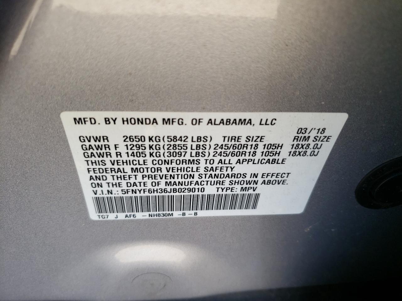 Photo 10 from auction – 2018 HONDA PILOT EX with VIN 5FNYF6H36JB029010