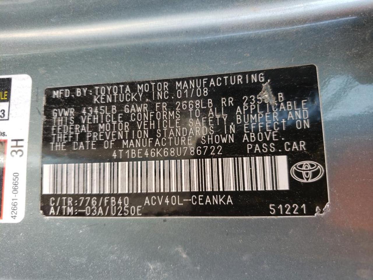 Photo 10 from auction – 2008 TOYOTA CAMRY CE with VIN 4T1BE46K68U786722