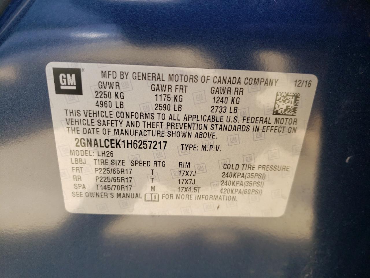 Photo 10 from auction – 2017 CHEVROLET EQUINOX LT with VIN 2GNALCEK1H6257217