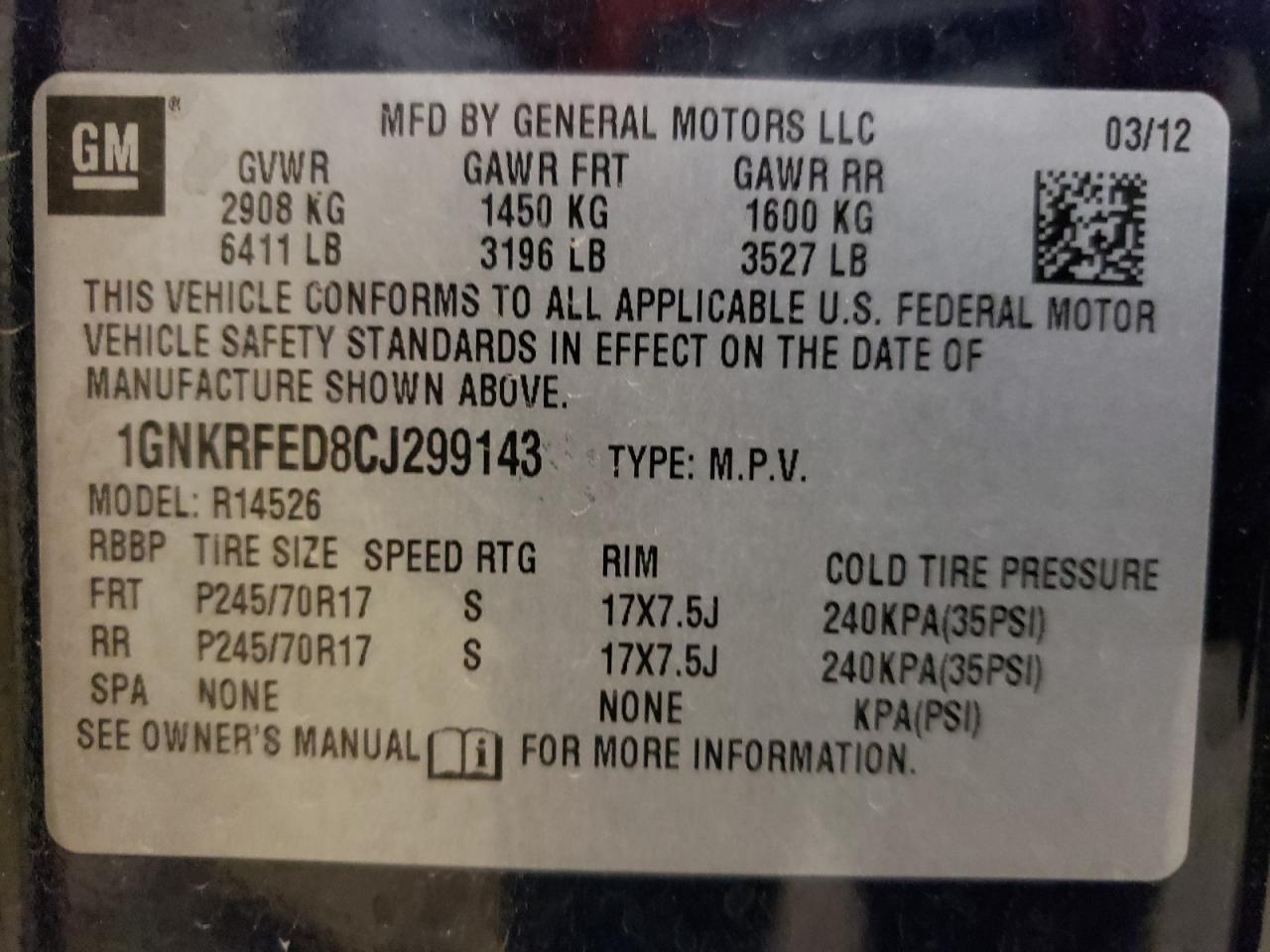 Photo 10 from auction – 2012 CHEVROLET TRAVERSE L with VIN 1GNKRFED8CJ299143