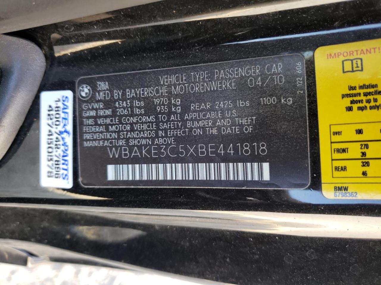 Photo 10 from auction – 2011 BMW 328 I with VIN WBAKE3C5XBE441818