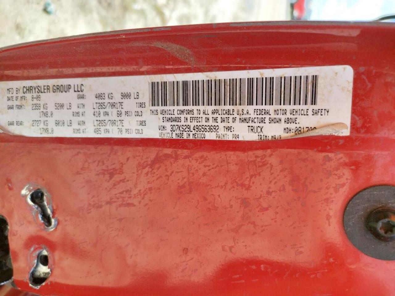 Photo 10 from auction – 2009 DODGE RAM 2500 with VIN 3D7KS29L49G563692