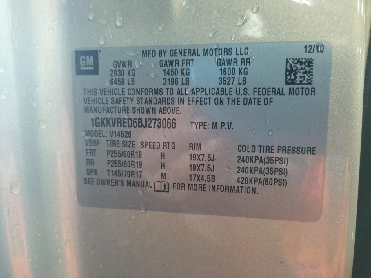 Photo 10 from auction – 2011 GMC ACADIA SLT with VIN 1GKKVRED6BJ273066