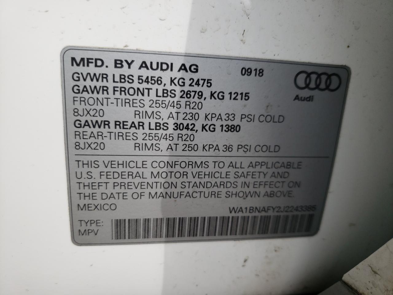 Photo 10 from auction – 2018 AUDI Q5 PREMIUM with VIN WA1BNAFY2J2243385