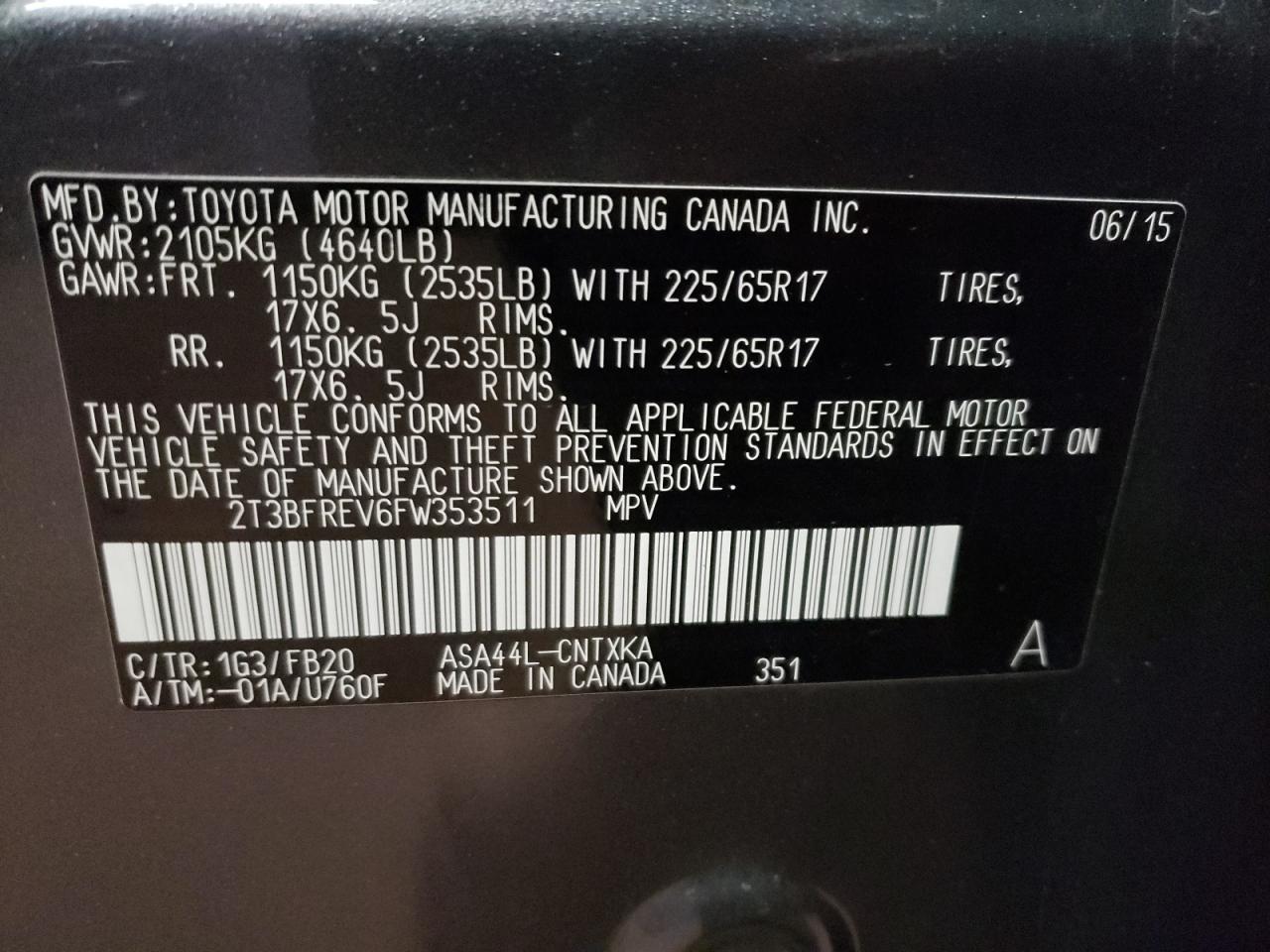 Photo 10 from auction – 2015 TOYOTA RAV4 LE with VIN 2T3BFREV6FW353511