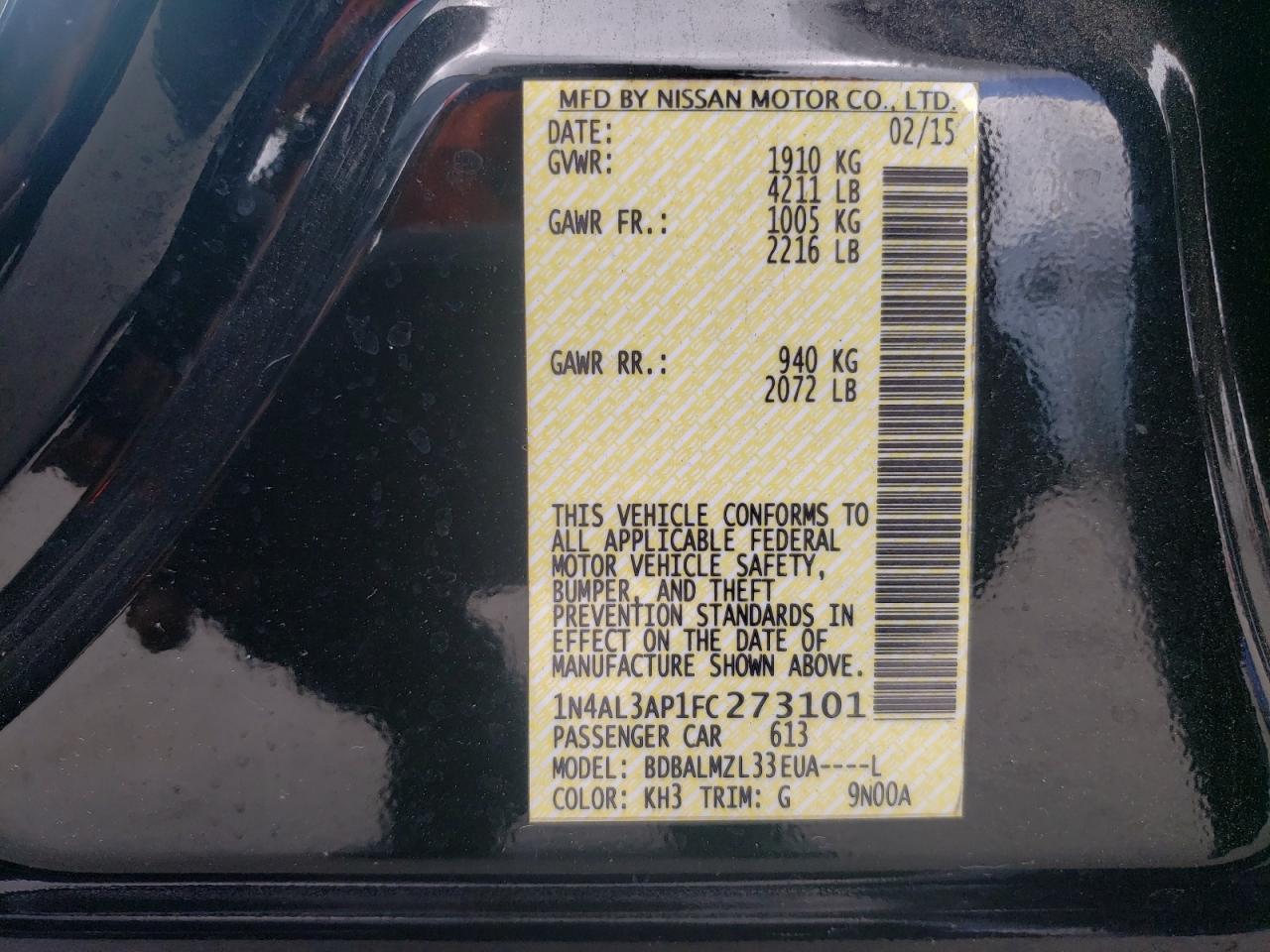 Photo 10 from auction – 2015 NISSAN ALTIMA 2.5 with VIN 1N4AL3AP1FC273101