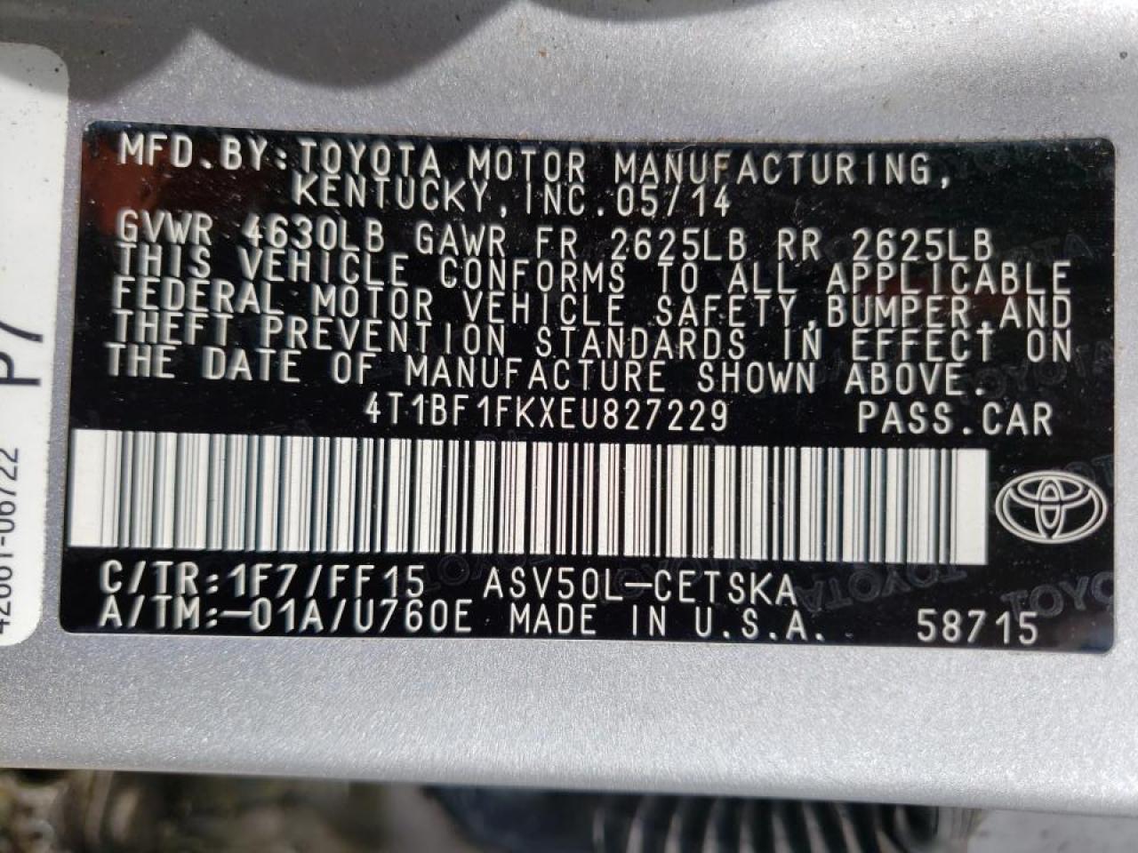 Photo 10 from auction – 2014 TOYOTA CAMRY L with VIN 4T1BF1FKXEU827229