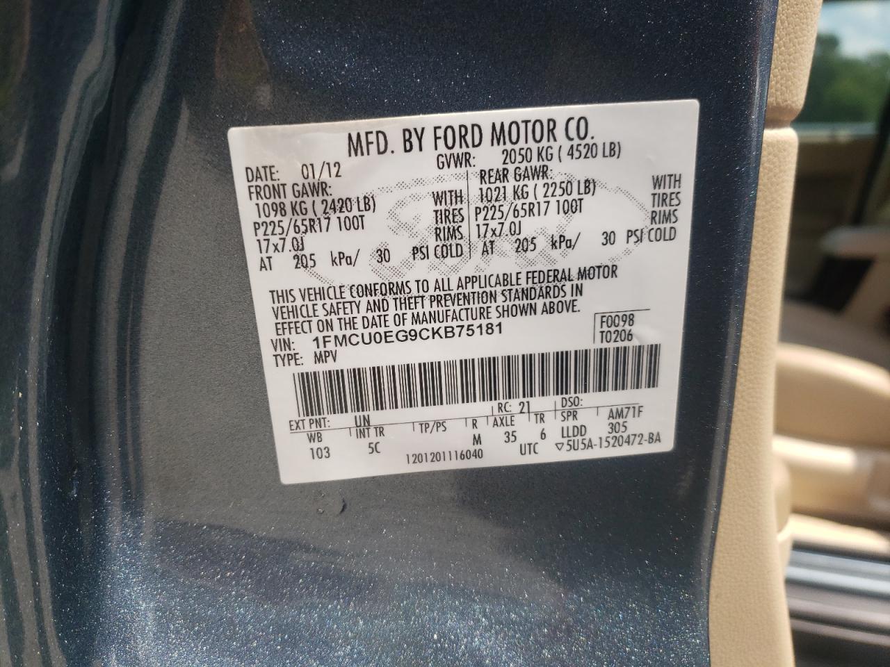 Photo 10 from auction – 2012 FORD ESCAPE LIM with VIN 1FMCU0EG9CKB75181