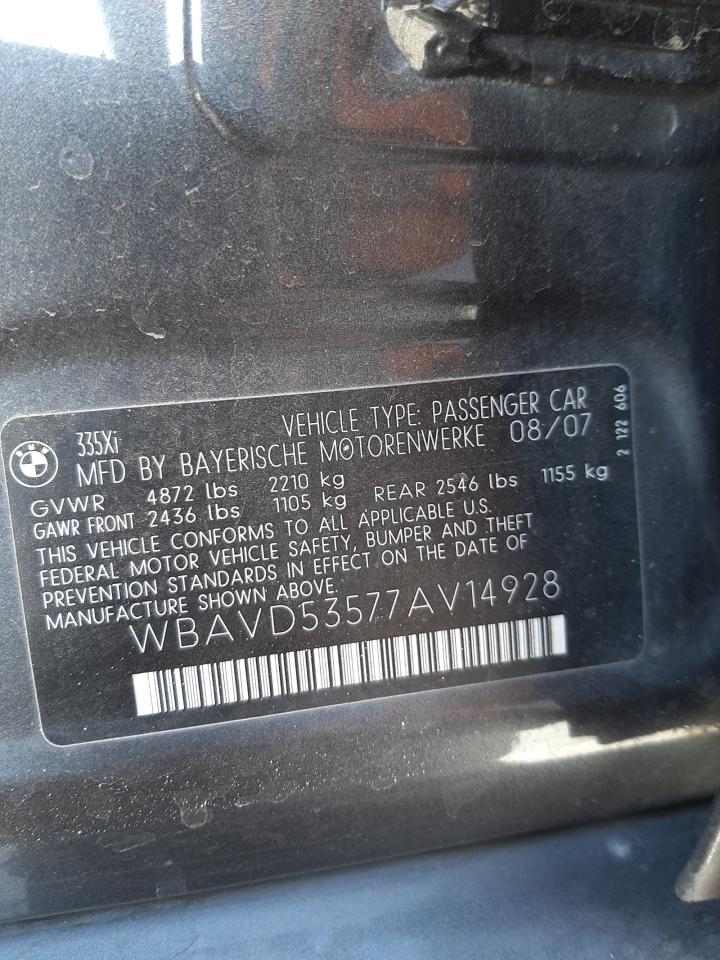 Photo 10 from auction – 2007 BMW 335 XI with VIN WBAVD53577AV14928