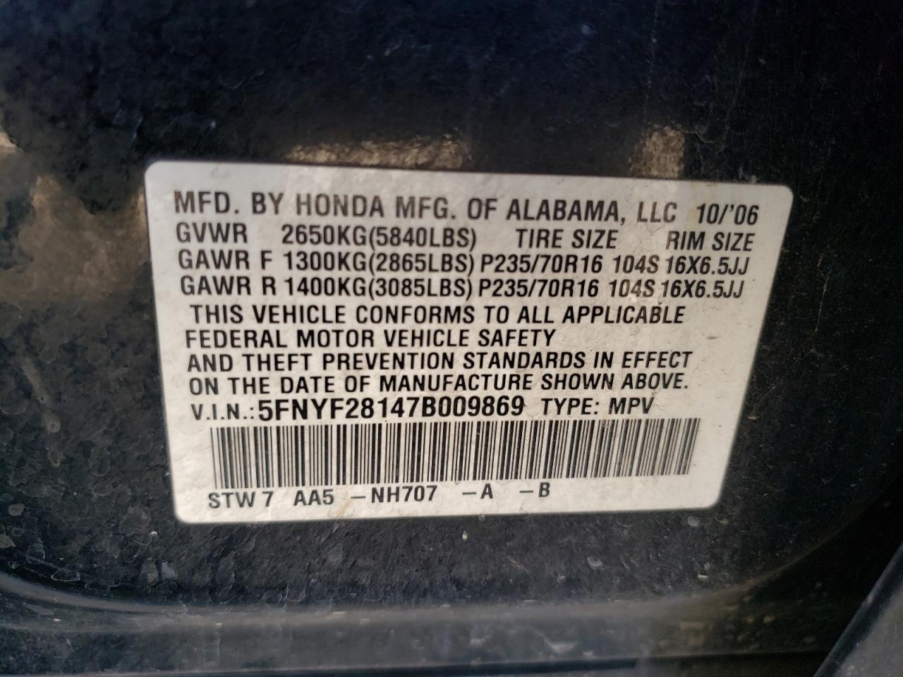 Photo 10 from auction – 2007 HONDA PILOT LX with VIN 5FNYF28147B009869