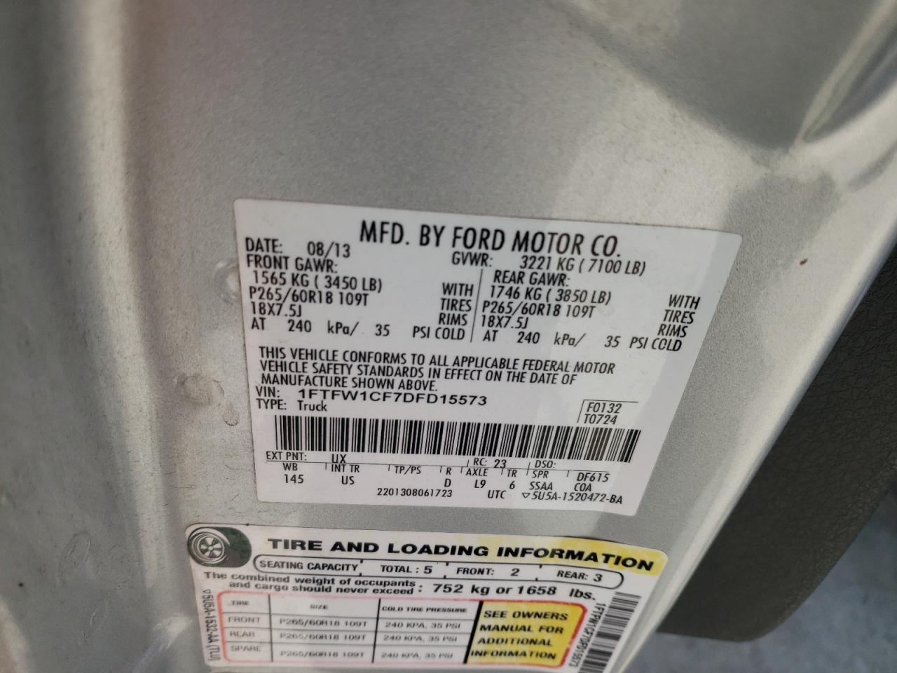 Photo 10 from auction – 2013 FORD F150 SUPER with VIN 1FTFW1CF7DFD15573