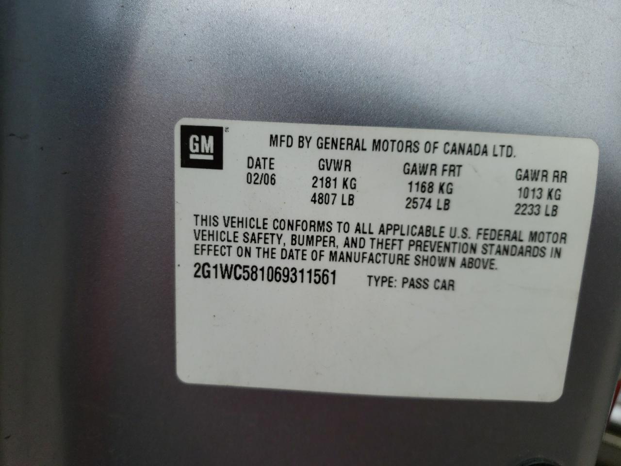 Photo 10 from auction – 2006 CHEVROLET IMPALA LT with VIN 2G1WC581069311561