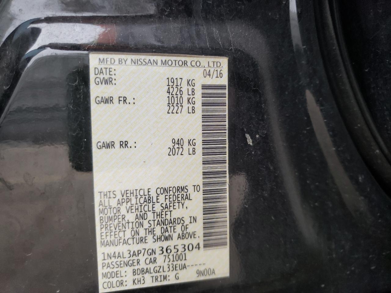 Photo 10 from auction – 2016 NISSAN ALTIMA 2.5 with VIN 1N4AL3AP7GN365304