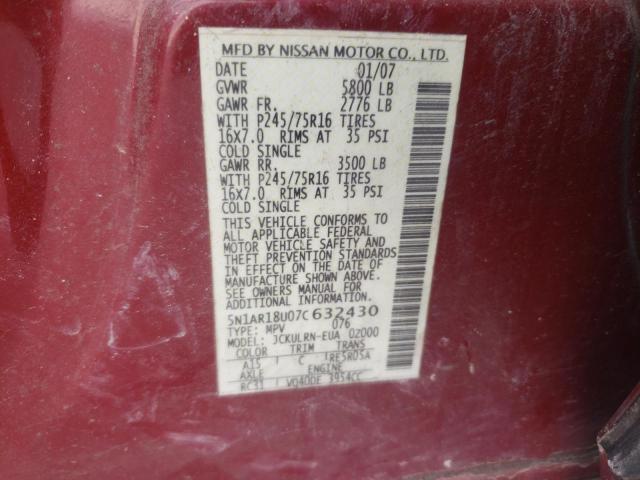 Photo 10 from auction – 2007 NISSAN PATHFINDER with VIN 5N1AR18U07C632430
