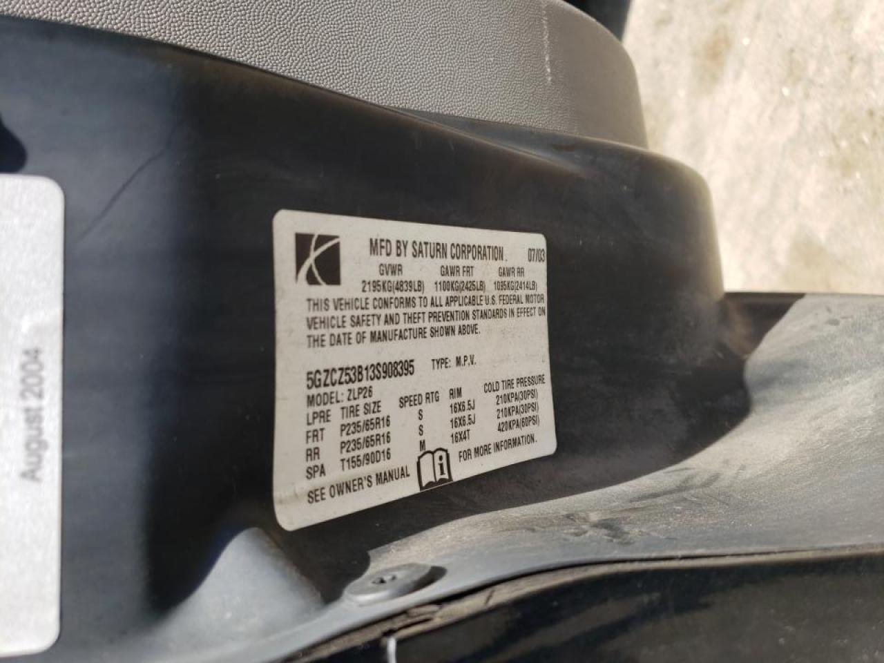 Photo 10 from auction – 2003 SATURN VUE with VIN 5GZCZ53B13S908395