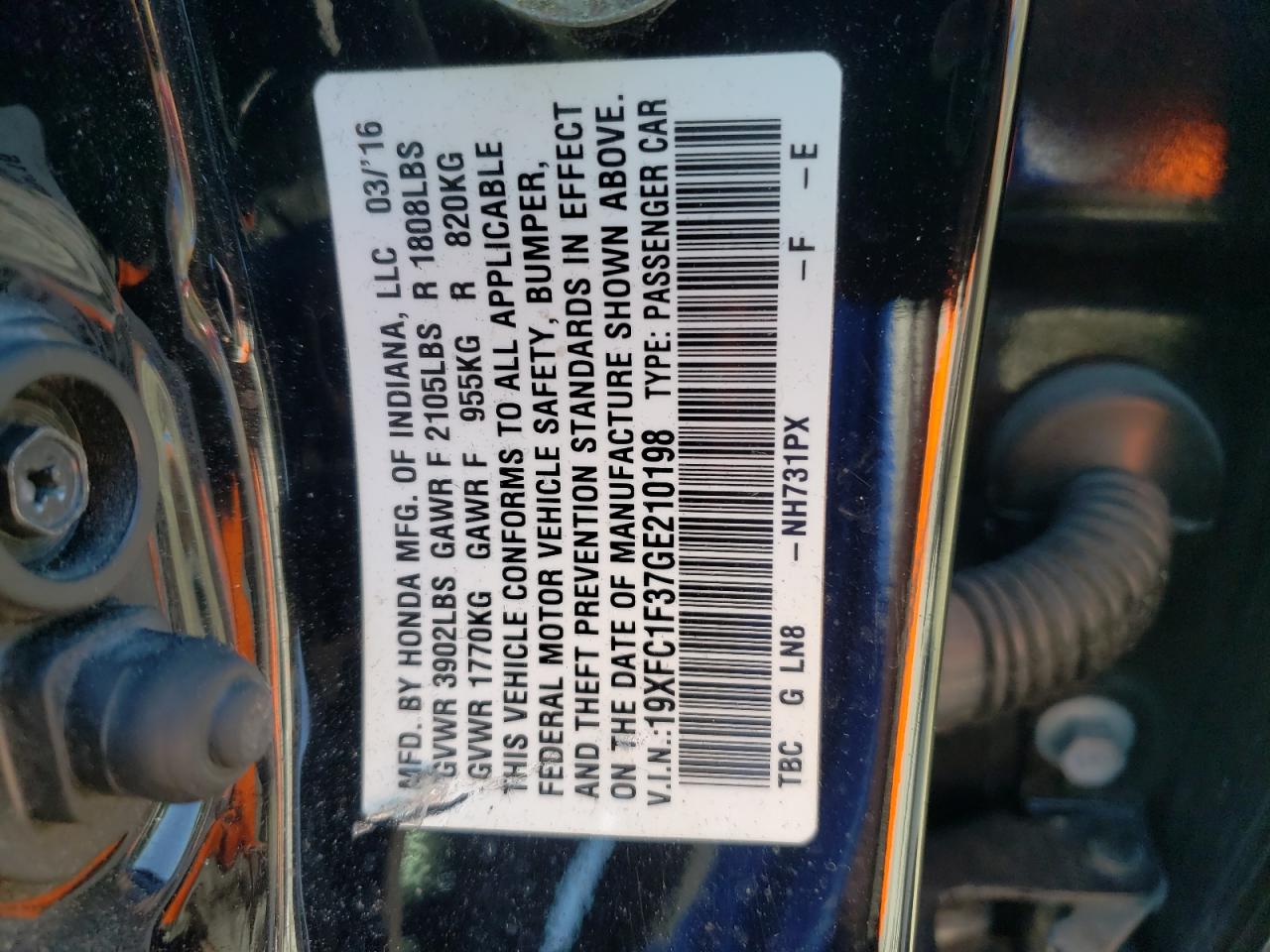Photo 11 from auction – 2016 HONDA CIVIC EX with VIN 19XFC1F37GE210198