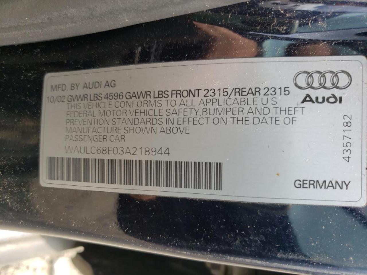 Photo 10 from auction – 2003 AUDI A4 1.8T QU with VIN WAULC68E03A218944
