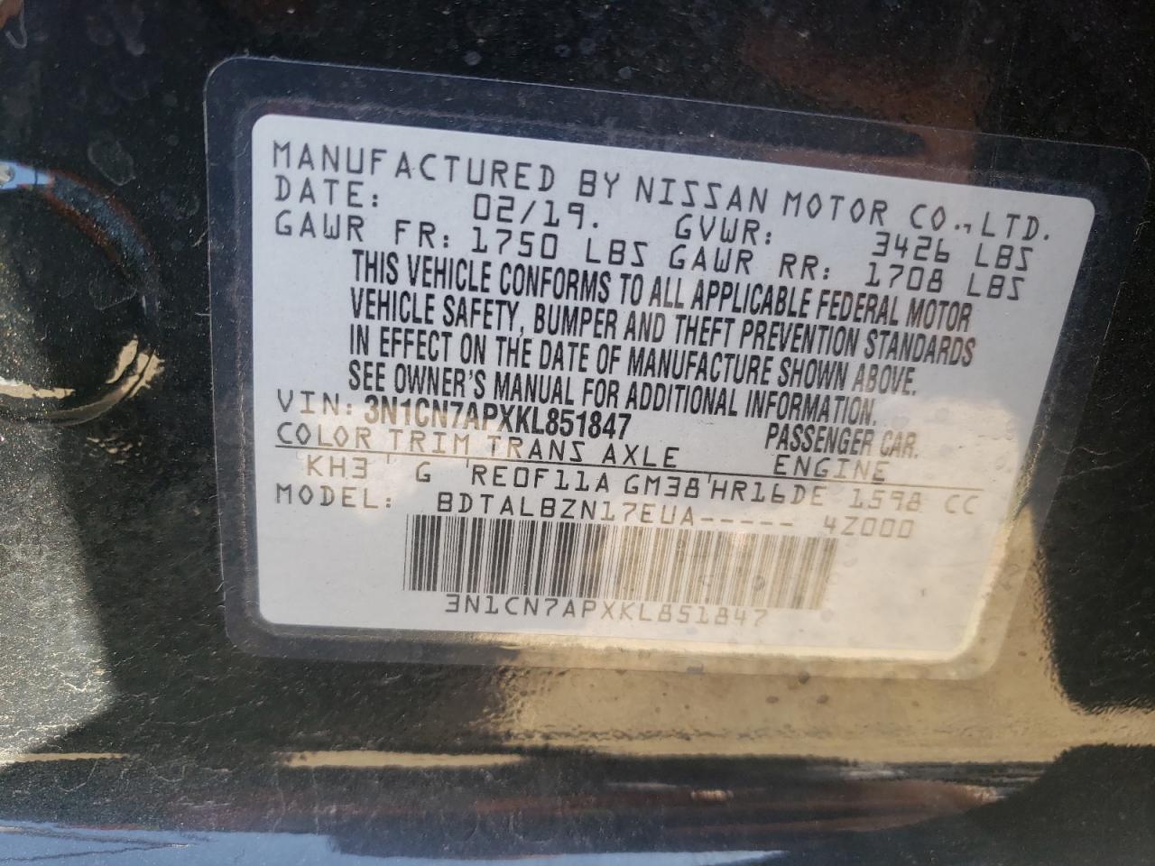 Photo 10 from auction – 2019 NISSAN VERSA S with VIN 3N1CN7APXKL851847