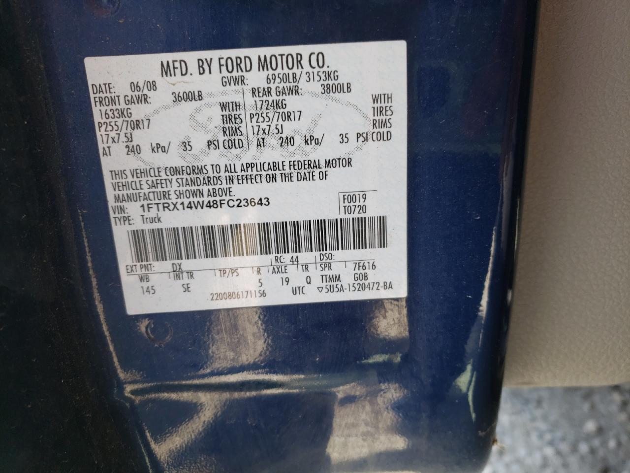 Photo 10 from auction – 2008 FORD F150 with VIN 1FTRX14W48FC23643