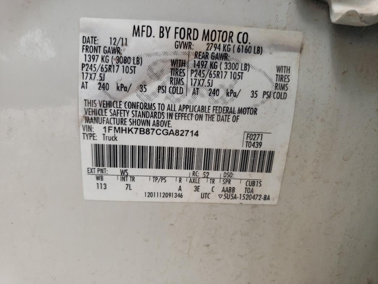Photo 10 from auction – 2012 FORD EXPLORER with VIN 1FMHK7B87CGA82714