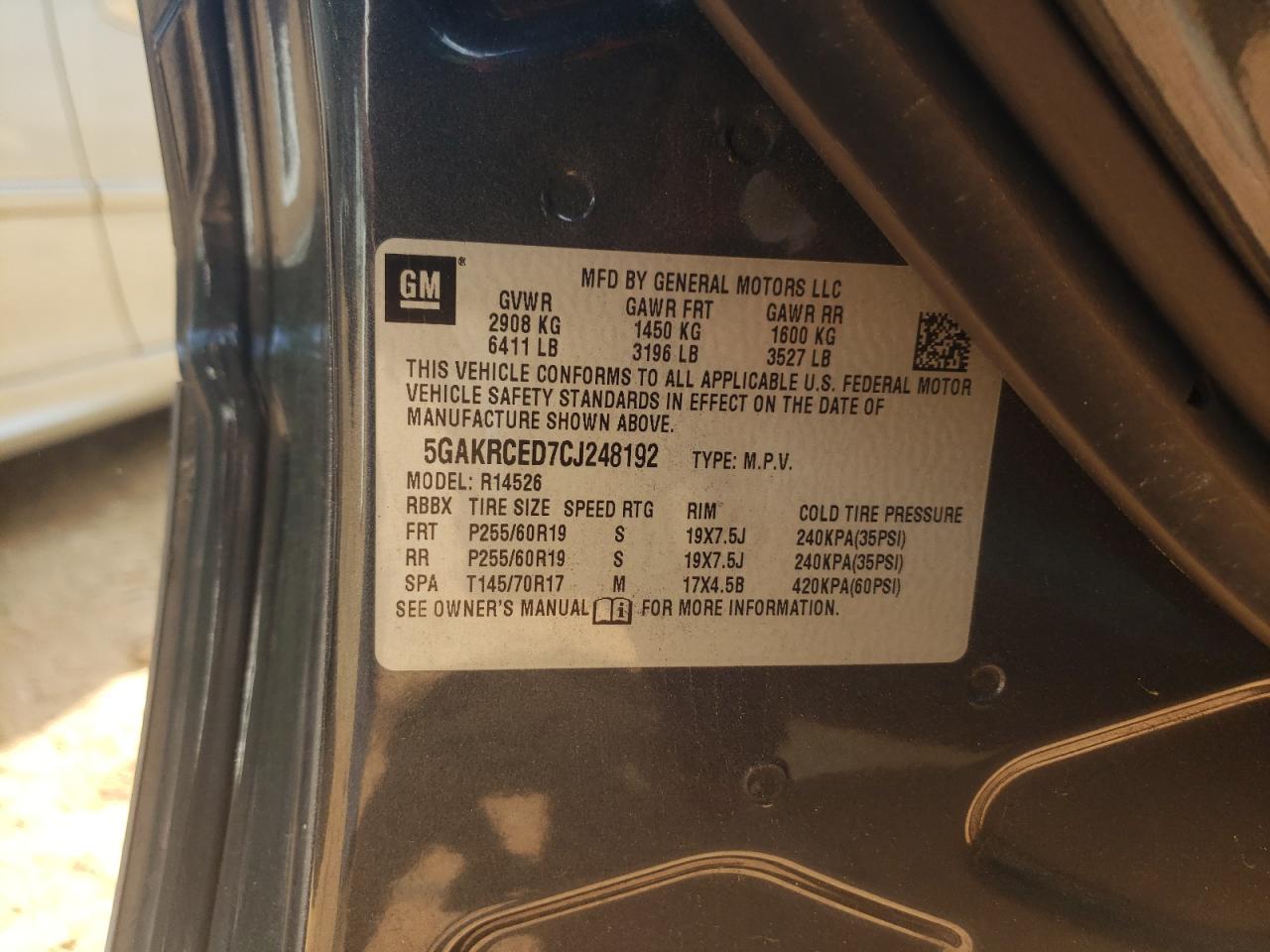 Photo 10 from auction – 2012 BUICK ENCLAVE with VIN 5GAKRCED7CJ248192