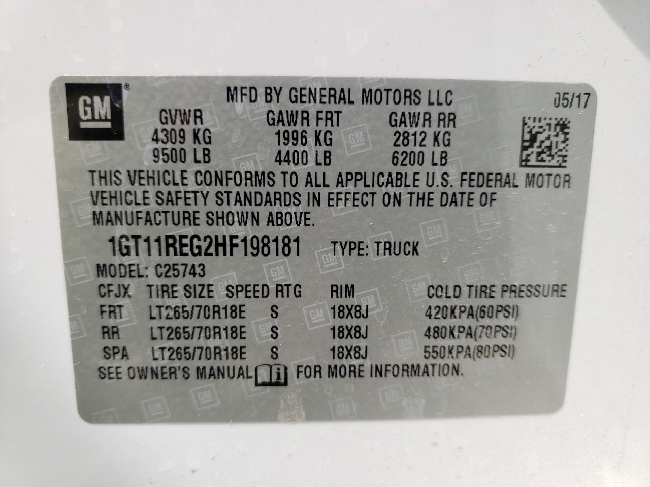 Photo 10 from auction – 2017 GMC SIERRA C25 with VIN 1GT11REG2HF198181