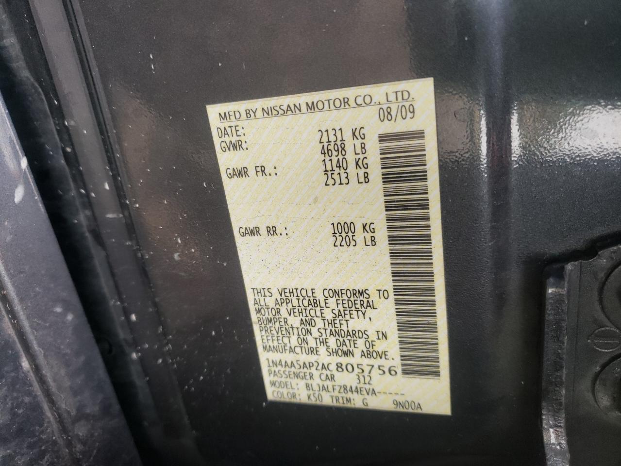 Photo 10 from auction – 2010 NISSAN MAXIMA S with VIN 1N4AA5AP2AC805756