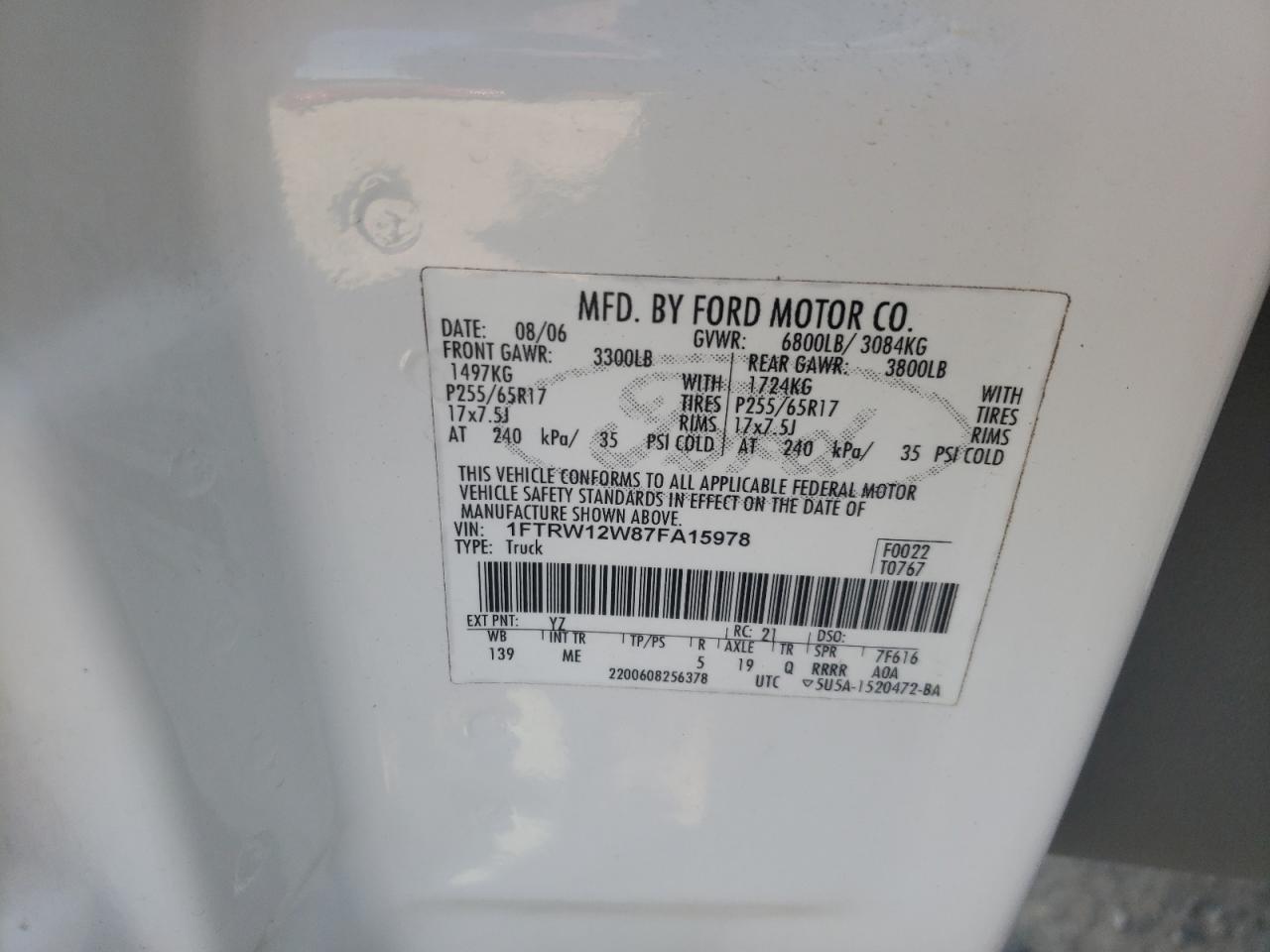 Photo 10 from auction – 2007 FORD F150 SUPER with VIN 1FTRW12W87FA15978