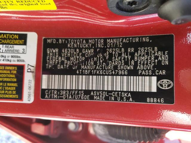 Photo 6 from auction – 2012 TOYOTA CAMRY BASE with VIN 4T1BF1FK6CU547966