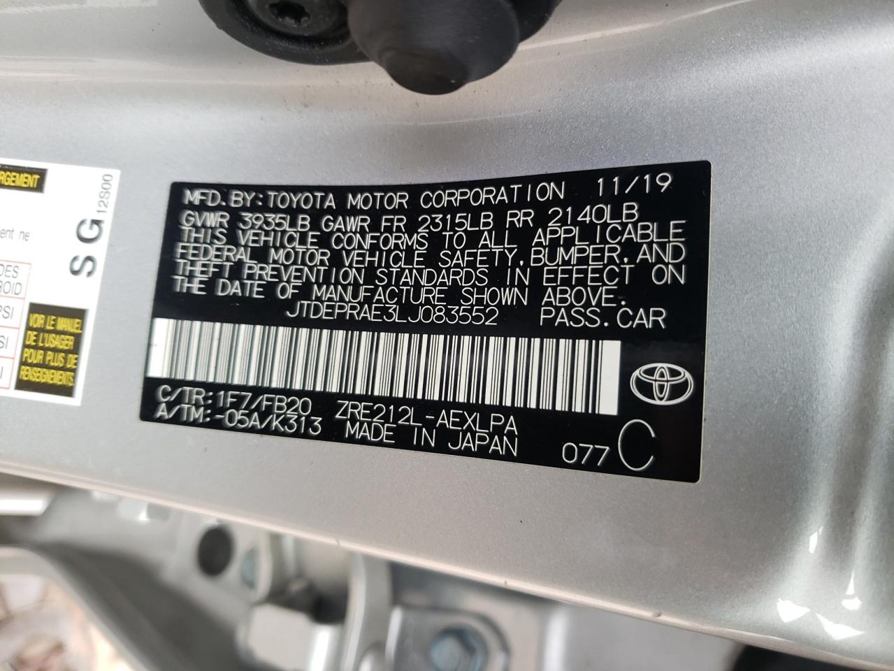 Photo 10 from auction – 2020 TOYOTA COROLLA LE with VIN JTDEPRAE3LJ083552