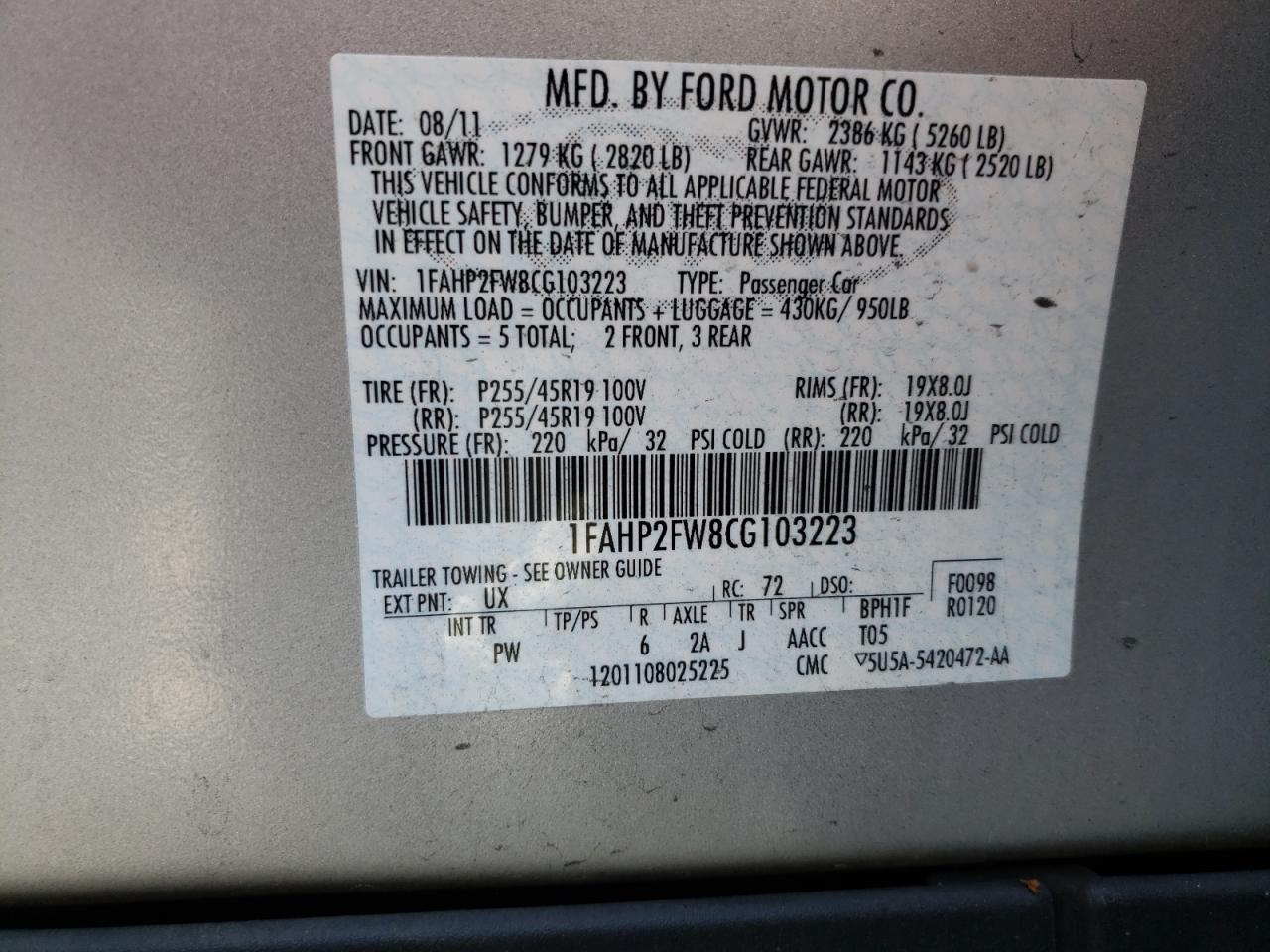 Foto 10 de la subasta – 2012 FORD TAURUS LIM con VIN 1FAHP2FW8CG103223