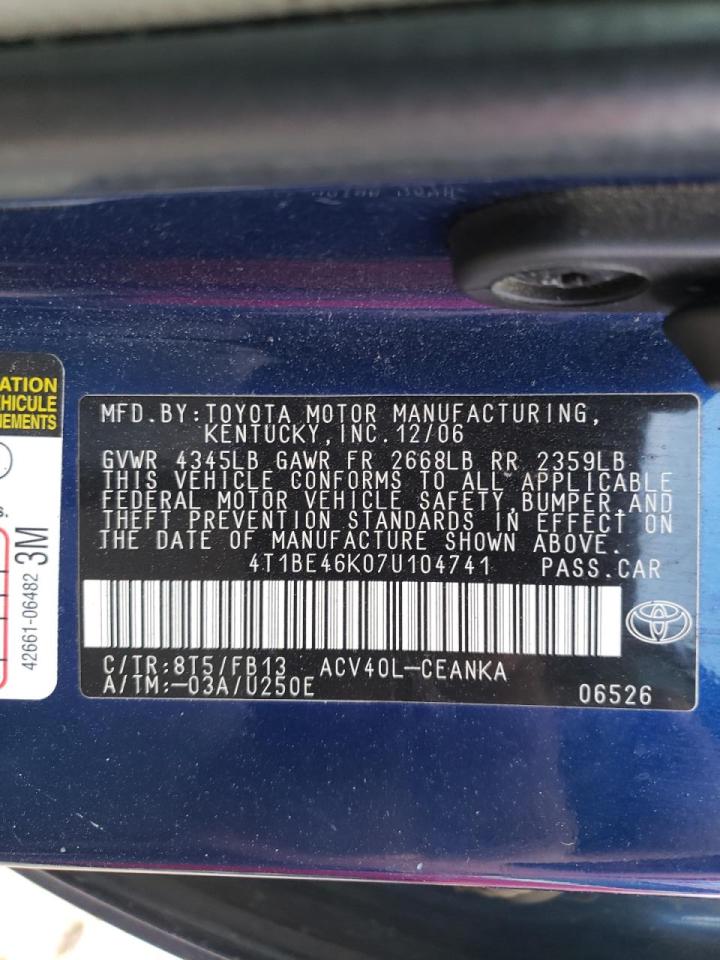 Photo 10 from auction – 2007 TOYOTA CAMRY CE with VIN 4T1BE46K07U104741
