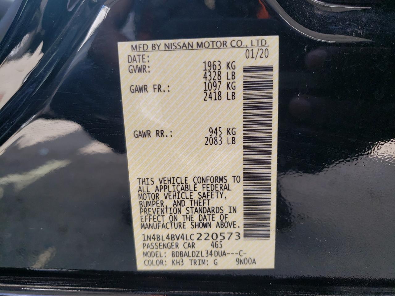 Photo 10 from auction – 2020 NISSAN ALTIMA S with VIN 1N4BL4BV4LC220573