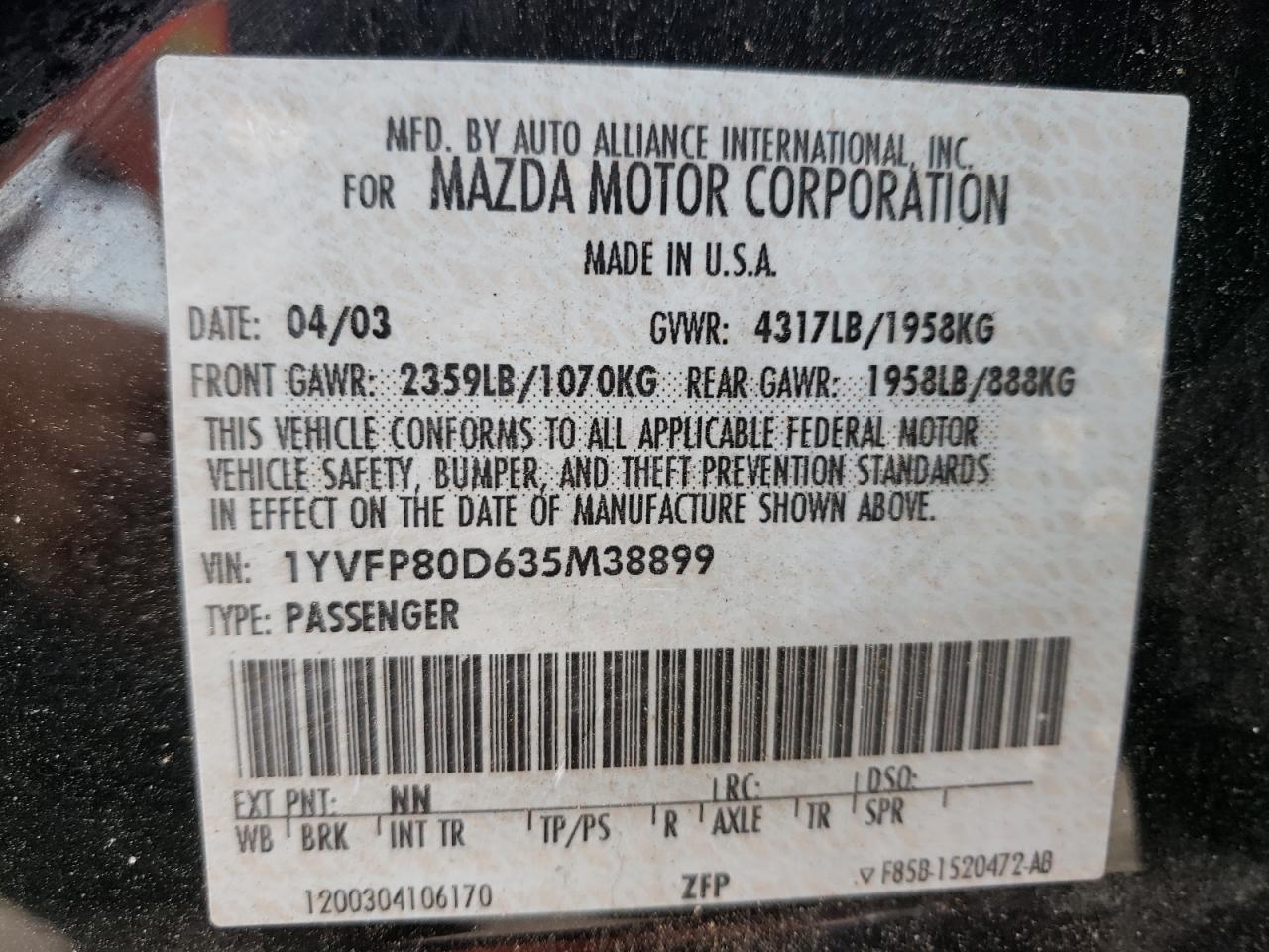Photo 10 from auction – 2003 MAZDA 6 S with VIN 1YVFP80D635M38899